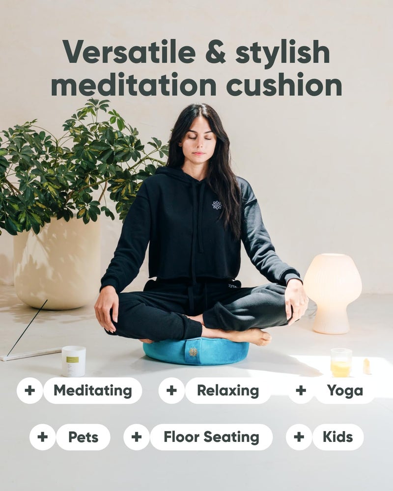 Mindful Modern وسادة تأمل مخملية عصرية وواعية | وسادة زافو فاخرة لليوغا | دعم الوضعية | مملوءة بقشور الحنطة السوداء | وسادة دائرية كبيرة بغطاء قابل للإزالة والغسل + مقبض حمل | لون تركوازي - Image 5